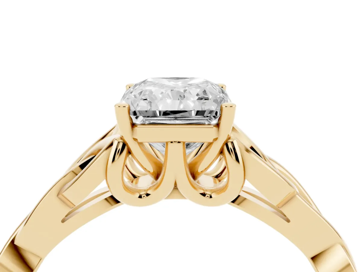 Radiant Cut Diamond Solitaire Engagement Ring with Celtic Knot Band and Four-Prong Setting Yellow gold