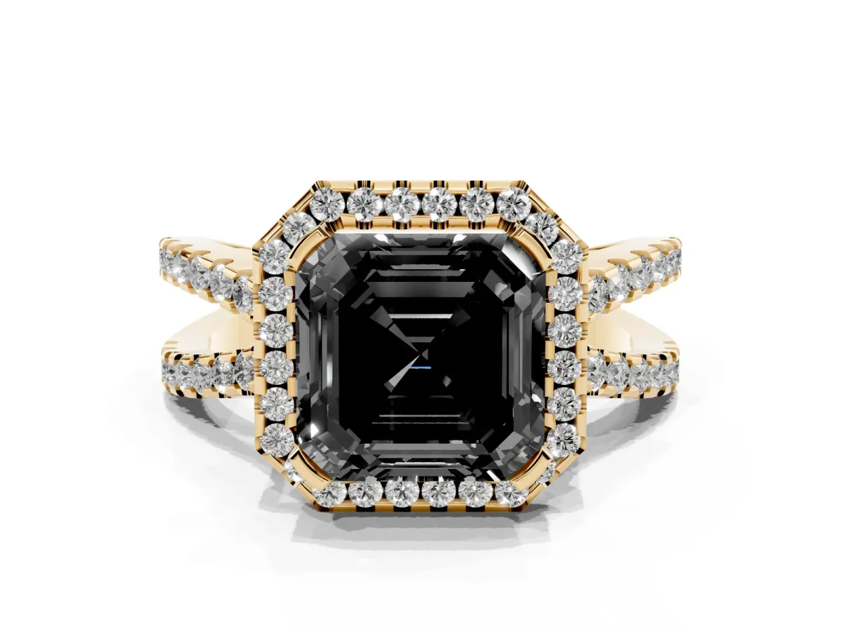 Fancy Black Asscher Cut Diamond Halo Ring with Split Shank Pavé Band and Prong Setting Yellow gold