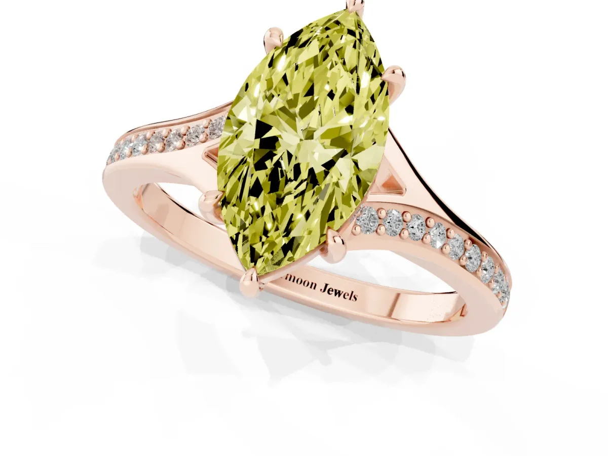 Fancy Yellow Marquise Cut Diamond Solitaire Ring with Pavé Band and Prong Setting Rose gold