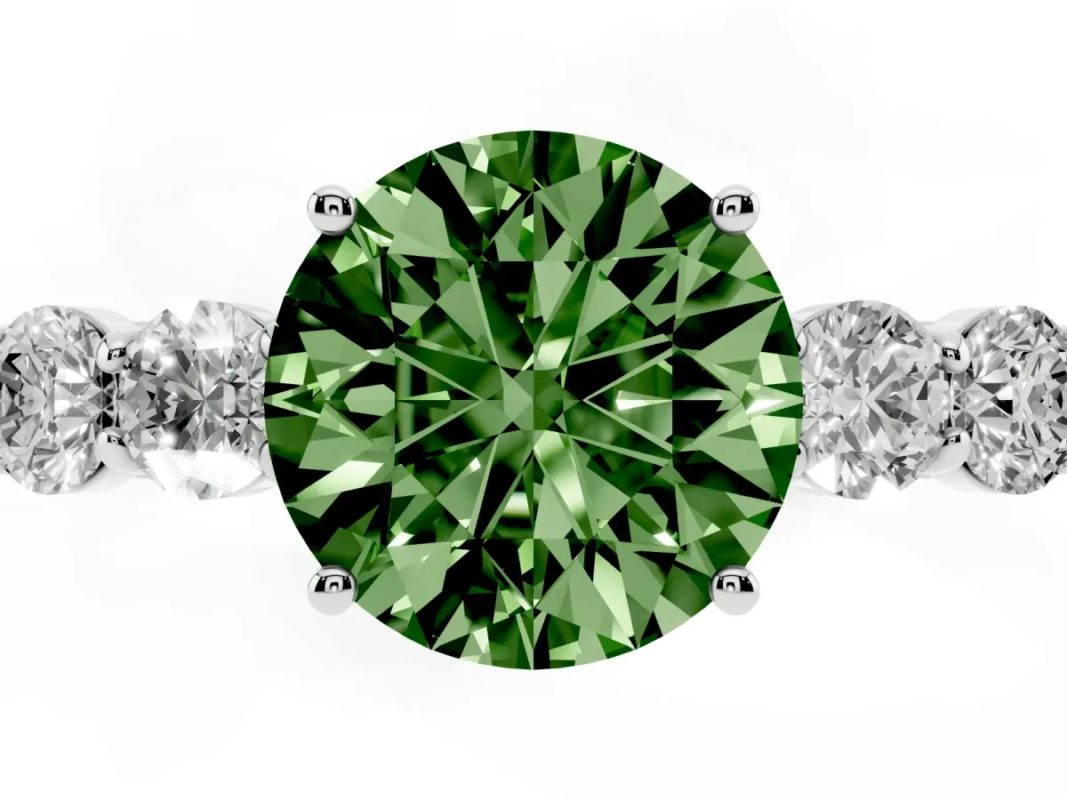 Fancy Green Round Cut Cut Diamond Five-Stone Prong Set White Gold Ring Silver