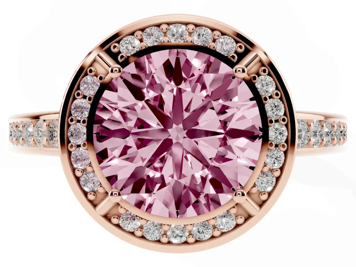 Fancy Pink Round Cut Cut Halo Pave Split Shank Prong Setting Ring Rose gold
