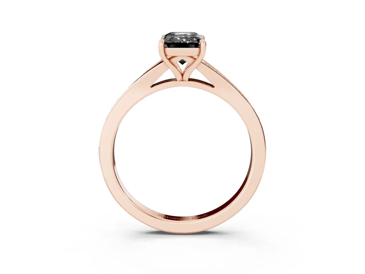 Fancy Black Emerald Cut Diamond Solitaire Ring with Pavé Band and Prong Setting Rose gold