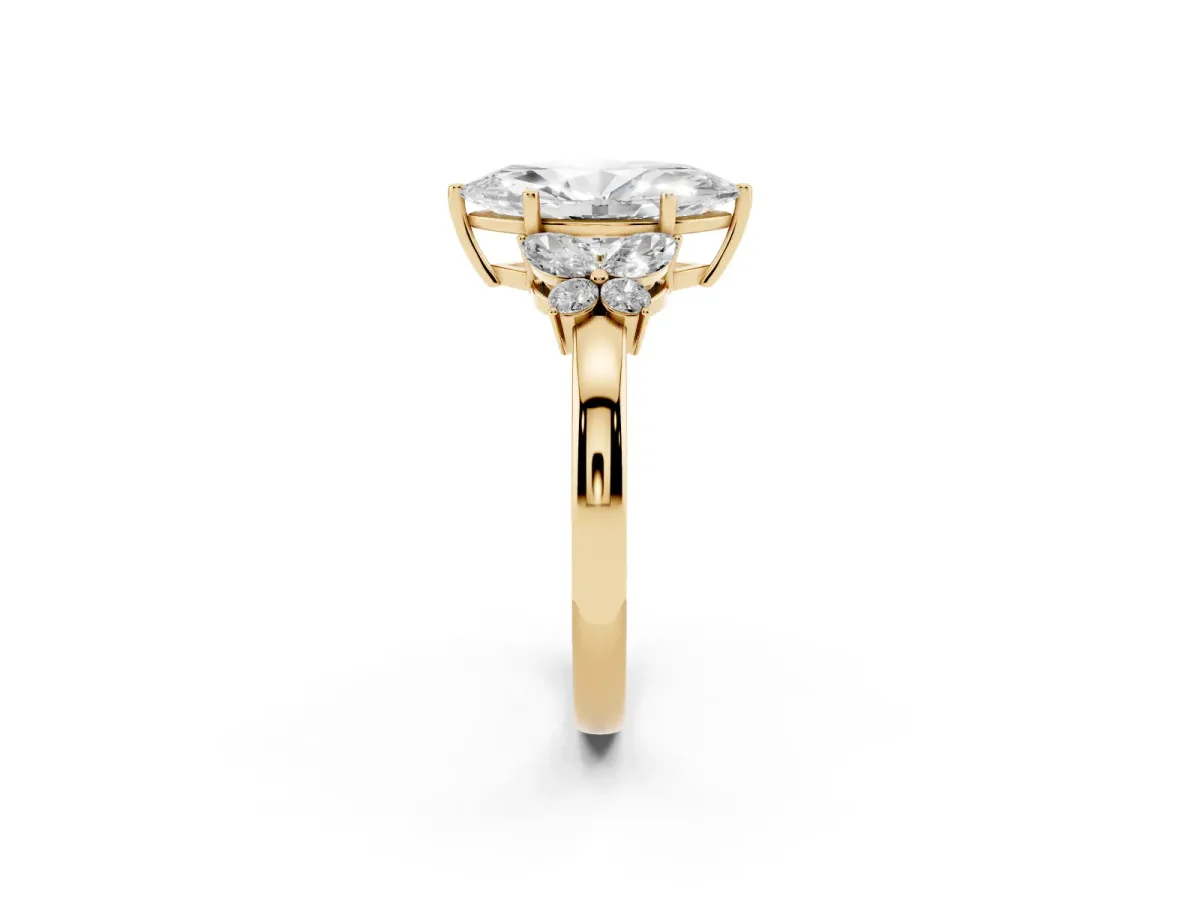 Marquise Cut Cut Solitaire Floral Diamond Ring with Four-Prong Setting Yellow gold