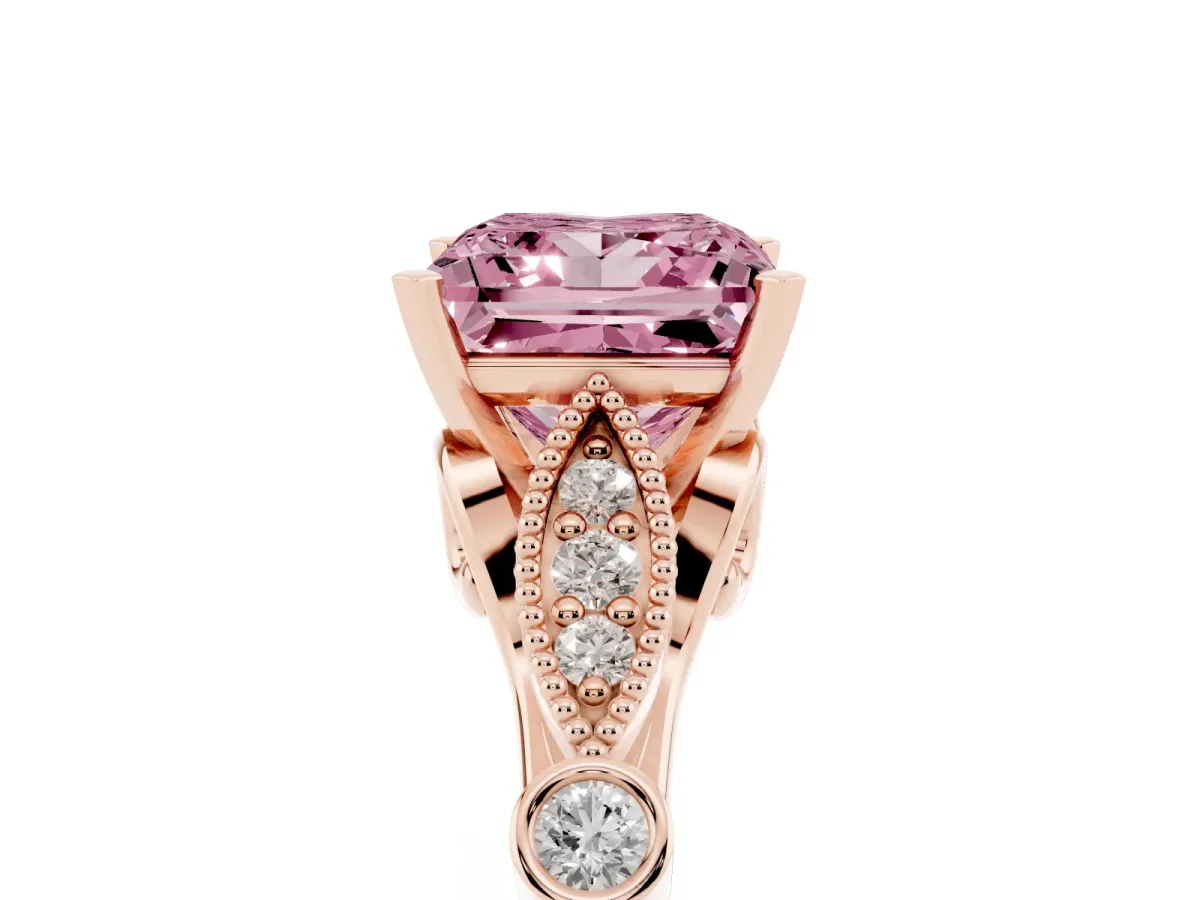 Fancy Pink Princess Cut Cut Diamond with Milgrain Marquise and Bezel Accents on a Solitaire Band with Prong Setting Rose gold