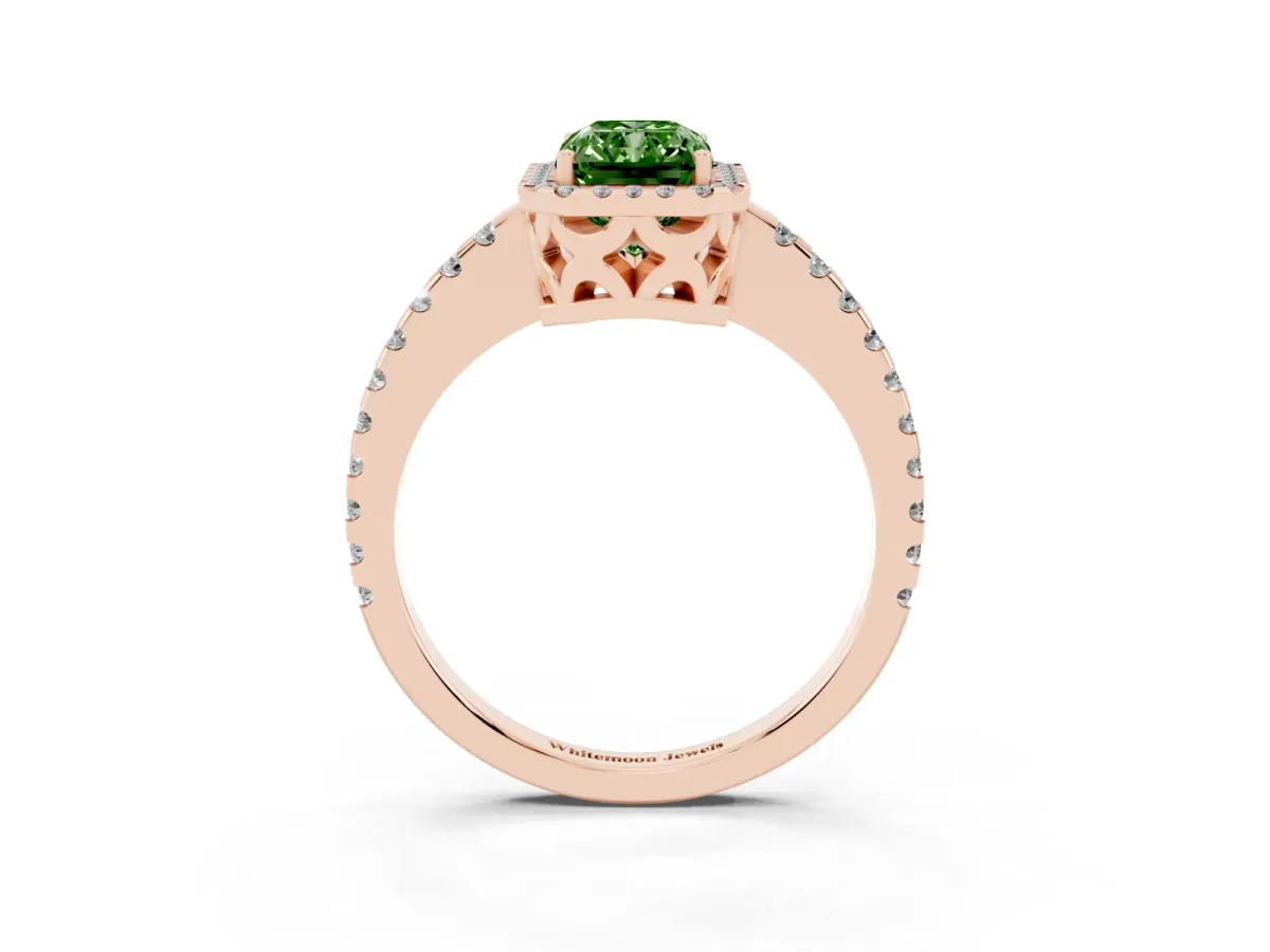 Fancy Green Radiant Cut Diamond Halo Engagement Ring with Pavé Band and Prong Setting Rose gold