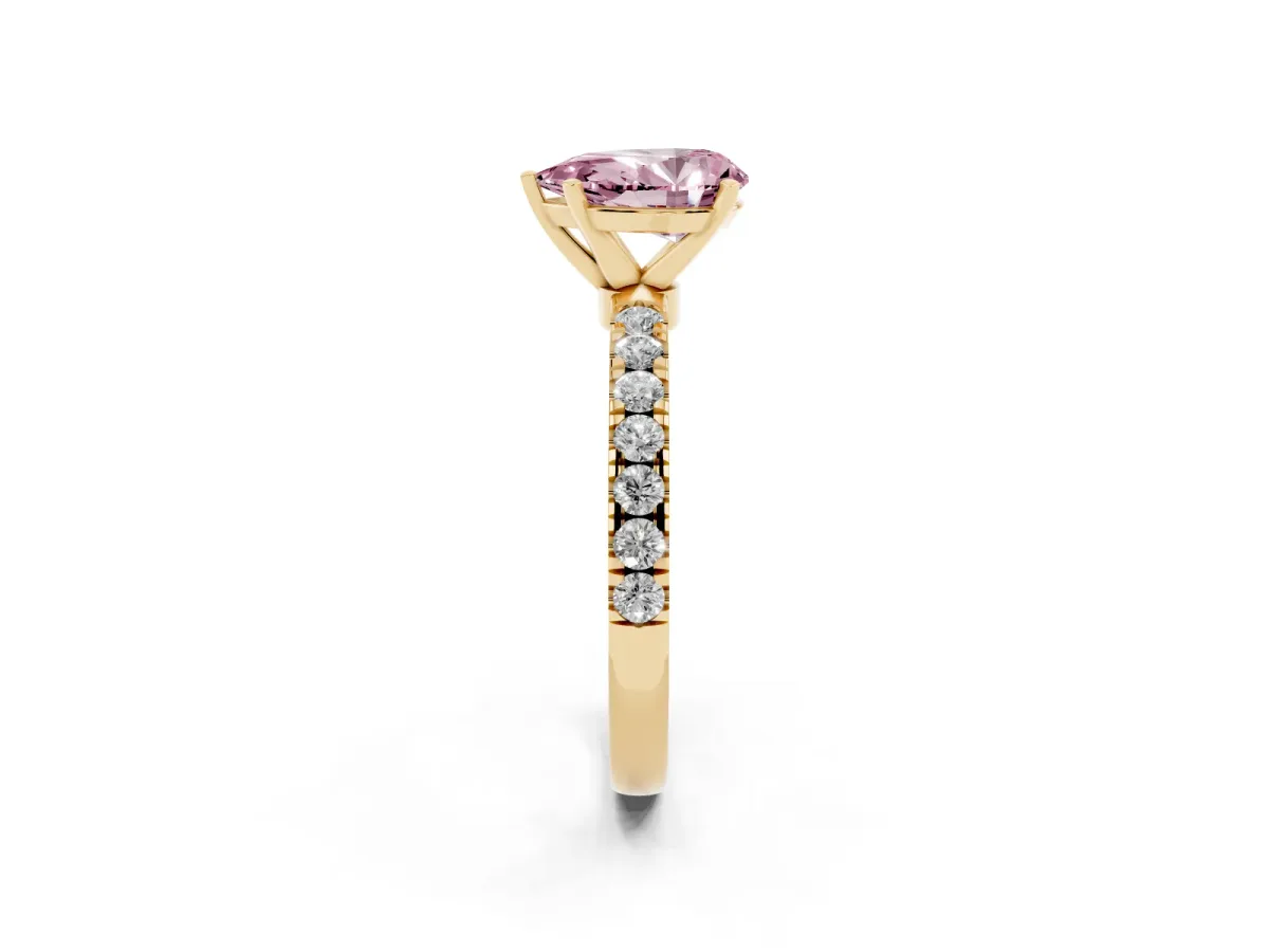 Fancy Pink Pear Cut Diamond Solitaire Ring with Pavé Accents and Four-Prong Setting Yellow gold