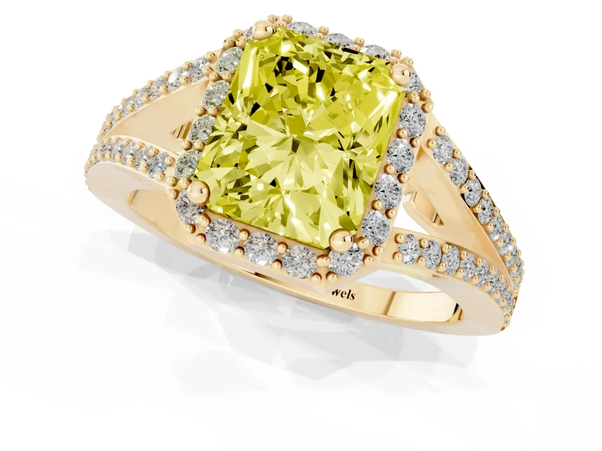 Fancy Yellow Radiant Cut Halo Split Shank Diamond Ring with Prong Setting Yellow gold