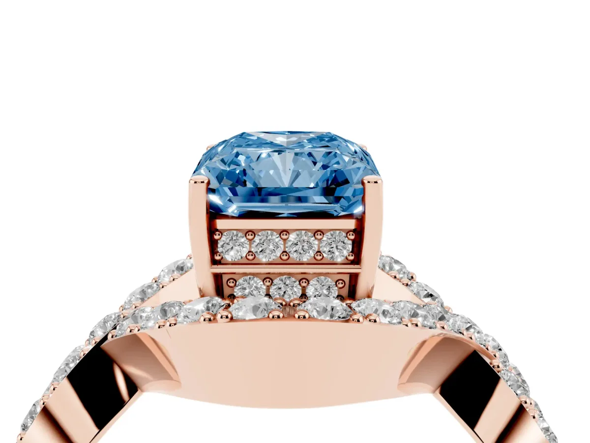 Fancy Blue Radiant Cut Solitaire Twist Band Pavé Diamond Engagement Ring Rose gold