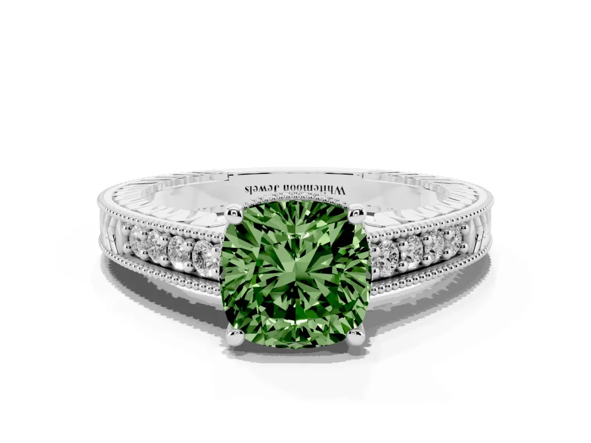 Fancy Green Cushion Cut Solitaire Pavé Diamond Milgrain Engagement Ring with Four-Prong Setting Silver