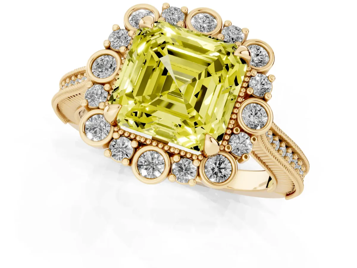 Fancy Yellow Asscher Cut Halo Milgrain Pave Diamond Ring with Four-Prong Setting Yellow gold