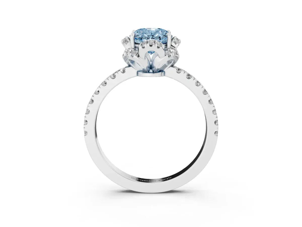 Fancy Blue Oval Cut Halo Diamond Pave Band Ring with Four-Prong Setting Platinum