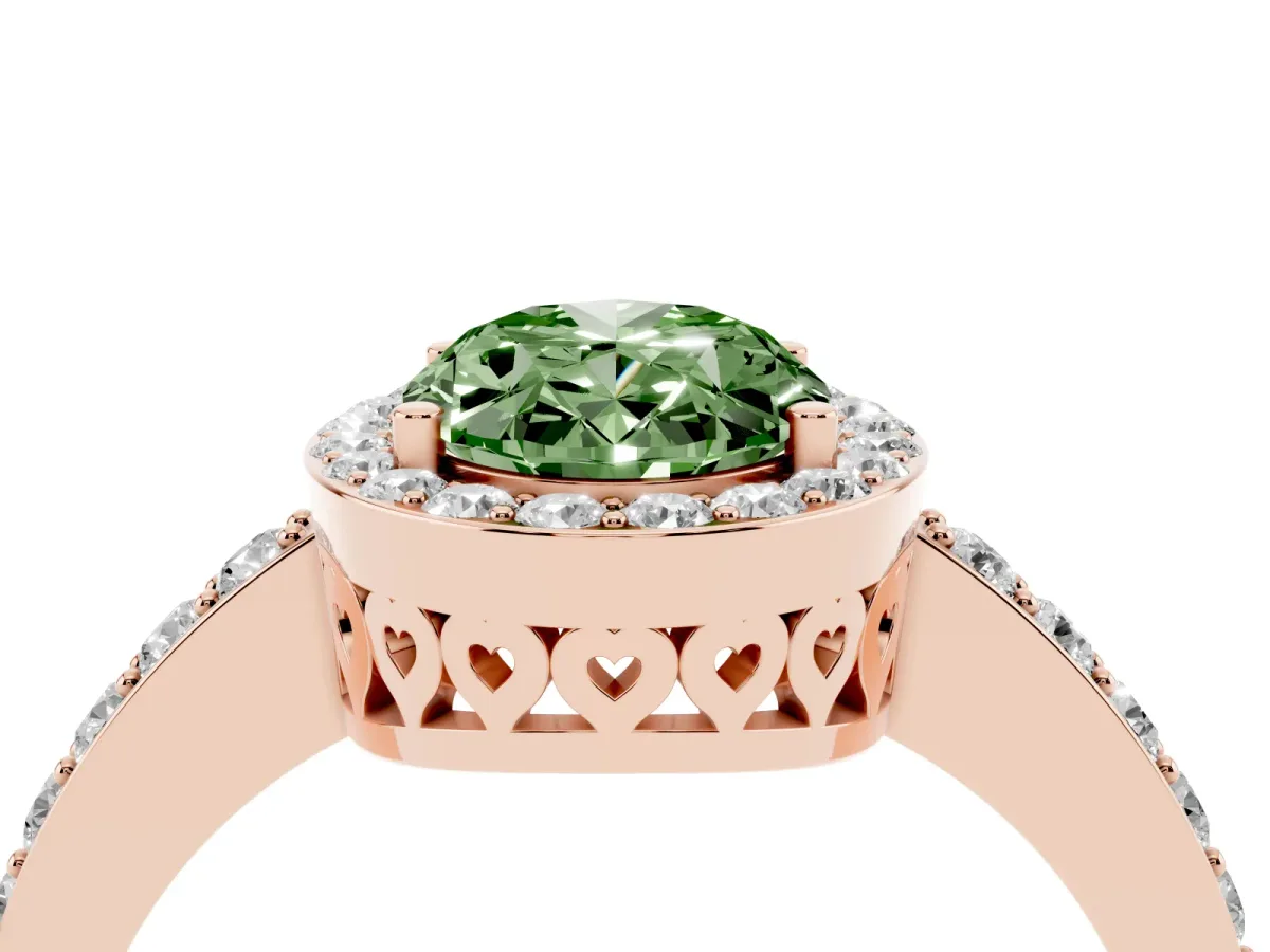 Fancy Green Oval Cut Halo Diamond Pavé Band Ring with Prong Setting Rose gold