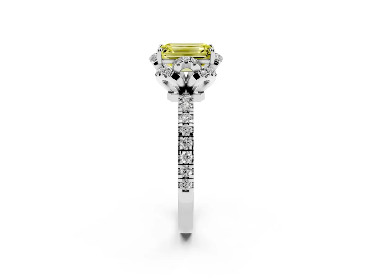 Fancy Yellow Emerald Cut Diamond Halo Pave Band with Four-Prong Setting Silver