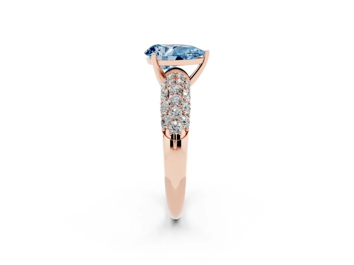 Fancy Blue Pear Cut Diamond Pavé Band Solitaire Ring with Four-Prong Setting Rose gold