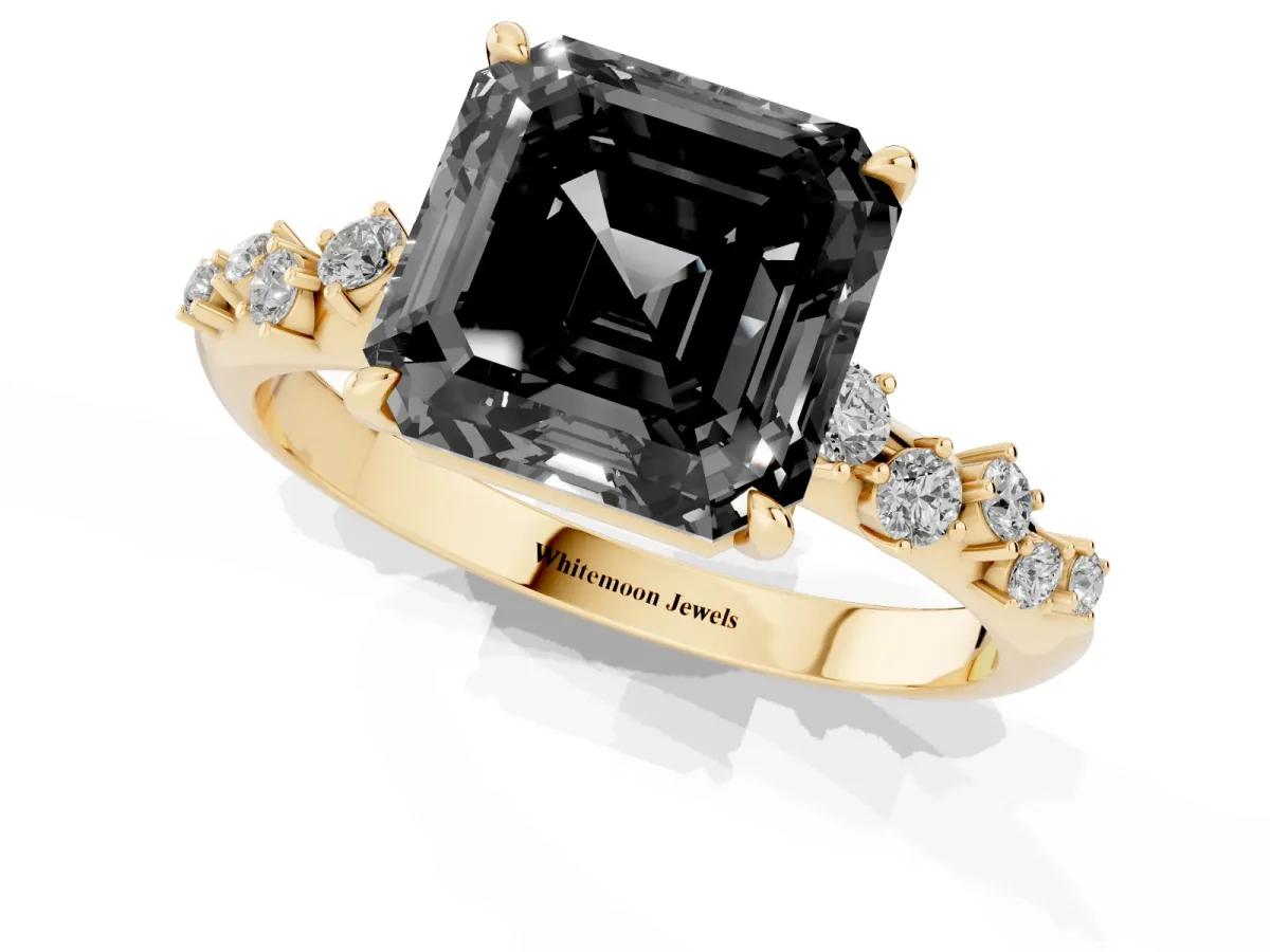 Fancy Black Asscher Cut Diamond Cluster Side Stone Solitaire Ring with Prong Setting Yellow gold