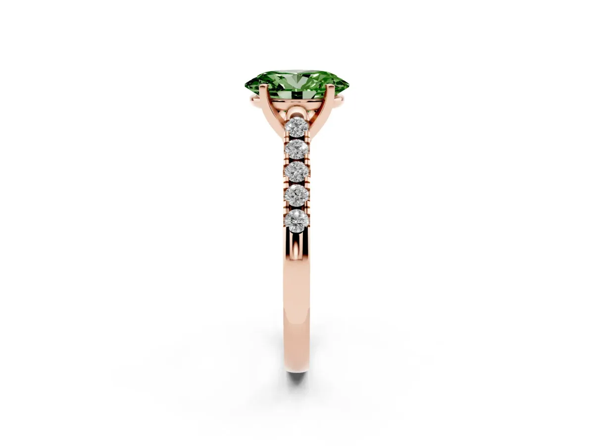 Fancy Green Oval Cut Diamond Pavé Band Solitaire Ring with Prong Setting Rose gold