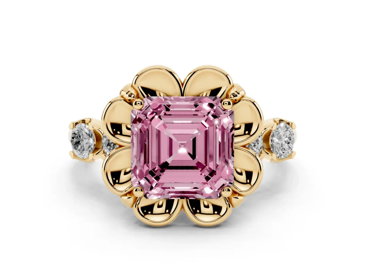 Fancy Pink Asscher Cut Cut Diamond Floral Halo Engagement Ring with Shared Prong Setting Yellow gold
