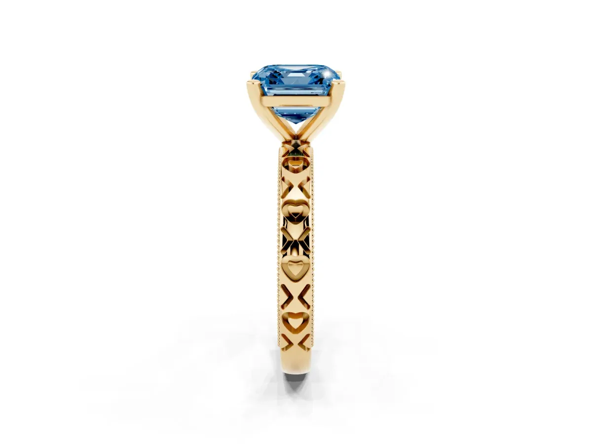 Fancy Blue Asscher Cut Solitaire Diamond Engagement Ring with XO Engraved Band and Four-Prong Setting Yellow gold