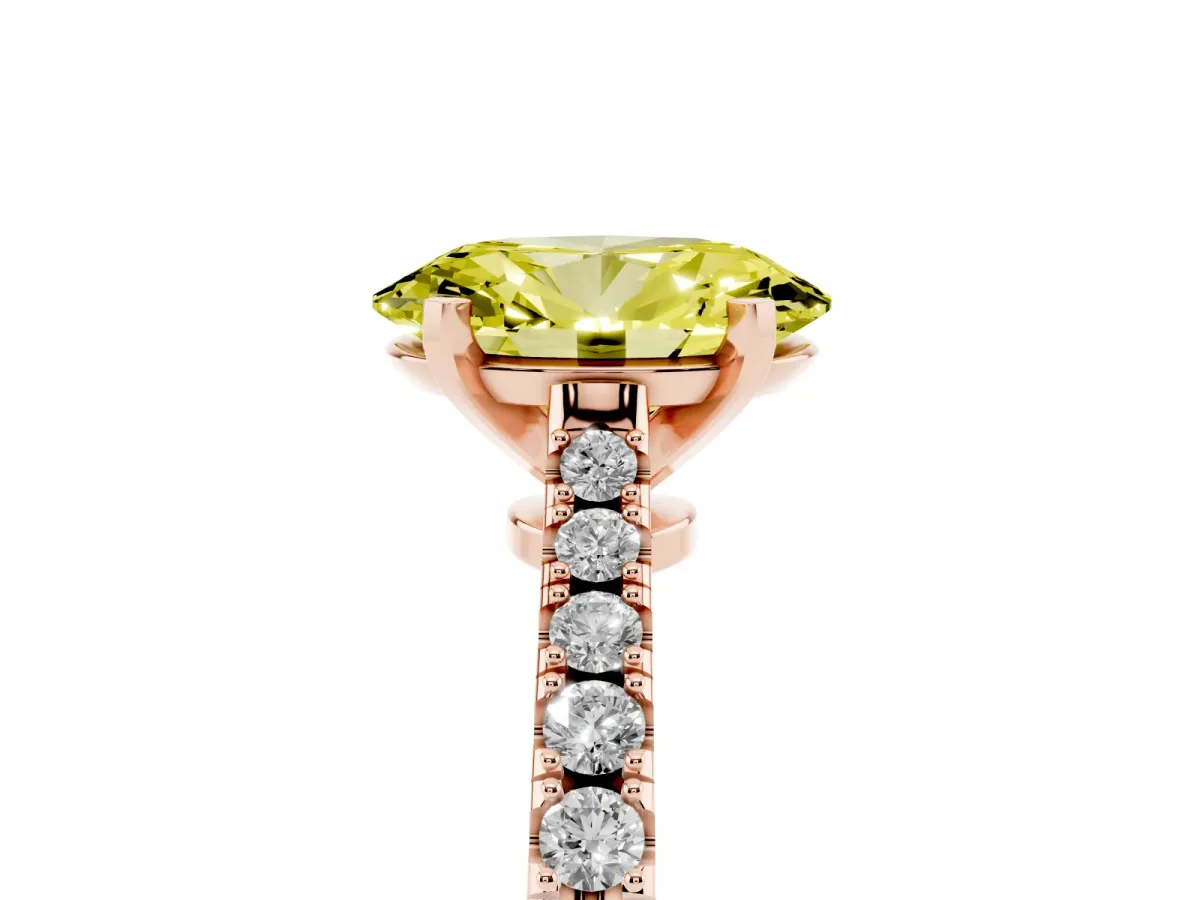 Fancy Yellow Oval Cut Cut Solitaire Diamond Engagement Ring with Pave Band and Four-Prong Setting Rose gold