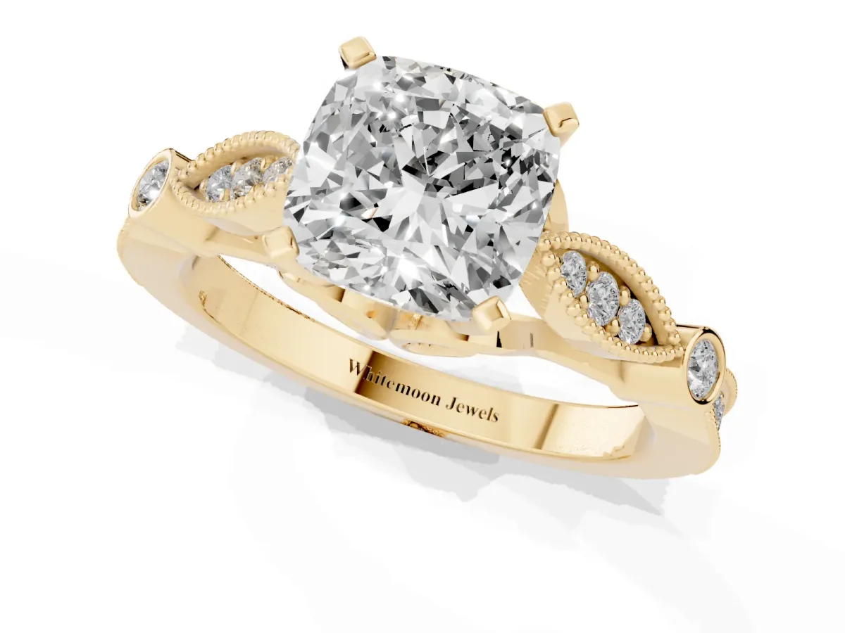 Cushion Cut Cut Diamond with Milgrain Marquise and Bezel Accents on a Solitaire Band with Prong Setting Yellow gold