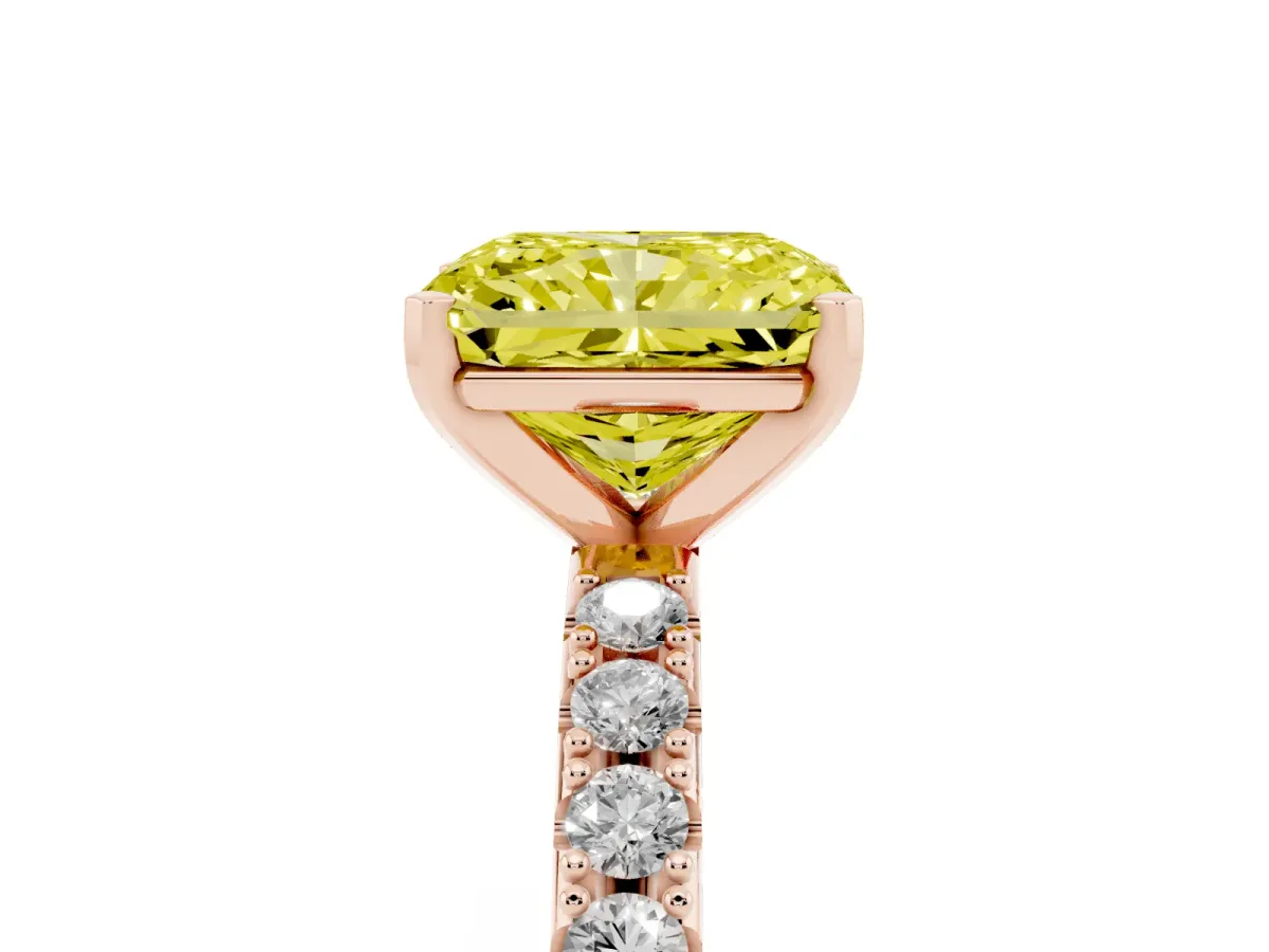 Fancy Yellow Radiant Cut Diamond Solitaire Pavé Band with Four-Prong Setting Rose gold