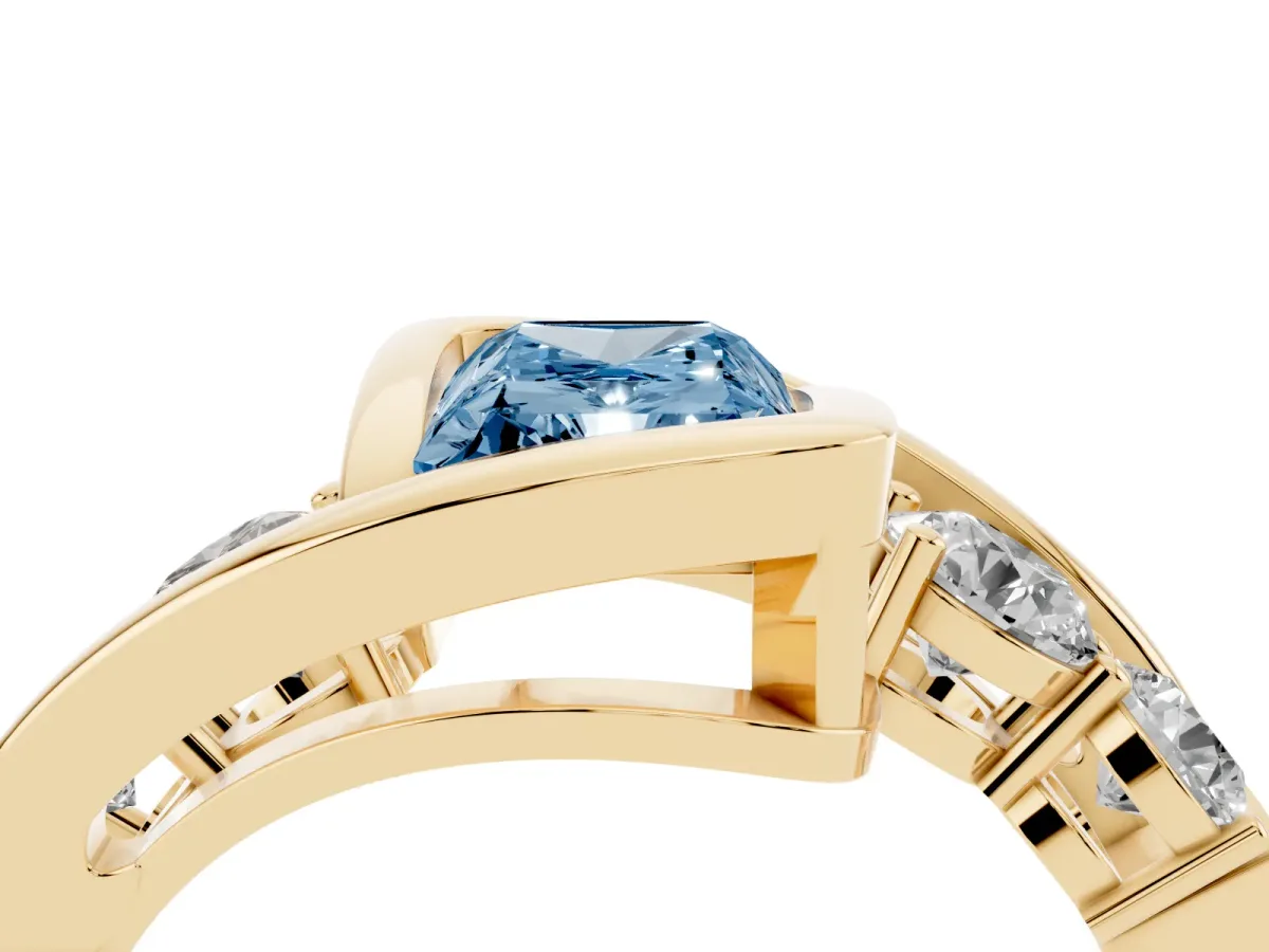 Fancy Blue Bezel Set Radiant Cut Diamond Bypass Ring with Round Accents Yellow gold