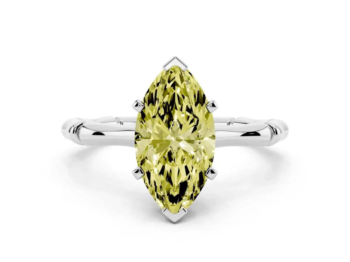 Fancy Yellow Marquise Cut Solitaire Diamond Ring with Bamboo Band and Four-Prong Setting White gold