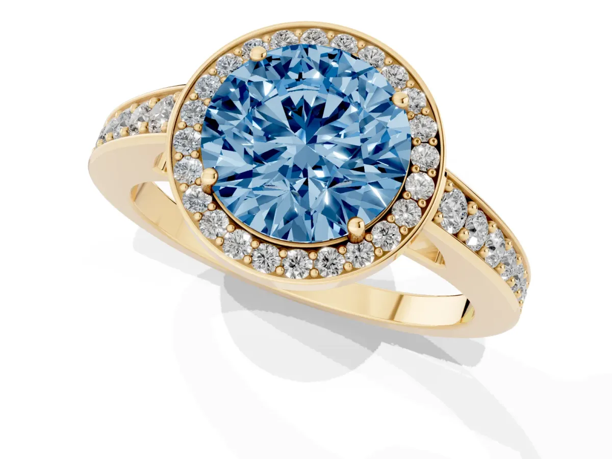 Fancy Blue Round Cut Halo Pavé Diamond Engagement Ring with Bezel Setting Yellow gold