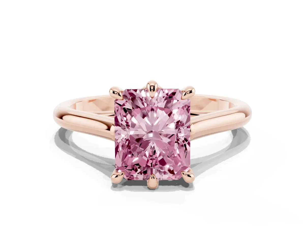 Fancy Pink Radiant Cut Solitaire Engagement Ring with Six-Prong Setting and Classic Band Rose gold
