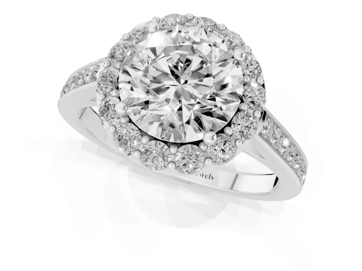 Round Cut Diamond Floral Halo Ring with Pavé Band and Prong Setting White gold