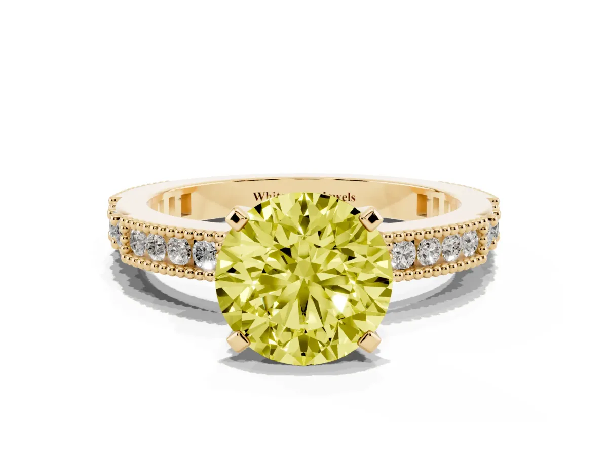 Fancy Yellow Round Cut Solitaire with Pavé Band and Four-Prong Setting Yellow gold