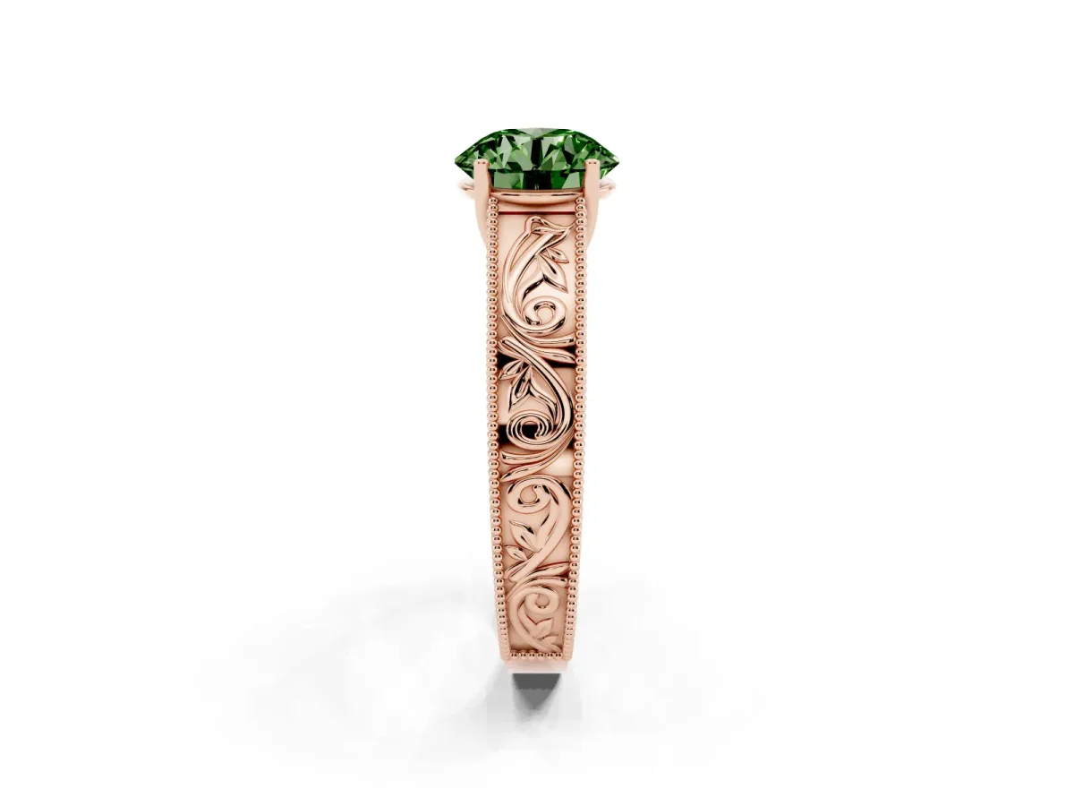 Fancy Green Round Cut Diamond Solitaire Ring with Engraved Band and Four-Prong Setting Rose gold
