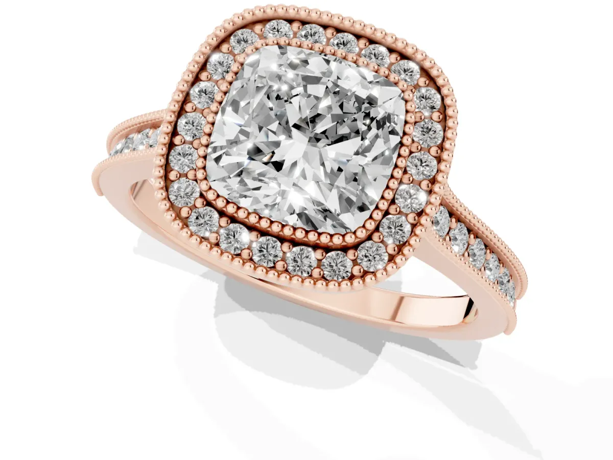 Halo Cushion Cut-Cut Diamond Pave Band Milgrain Prong Setting Ring Rose gold