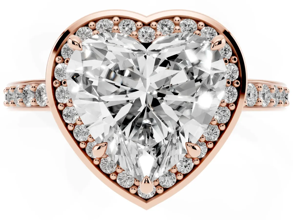 Heart Cut Halo Pave Band Solitaire Ring with Prong Setting Rose gold