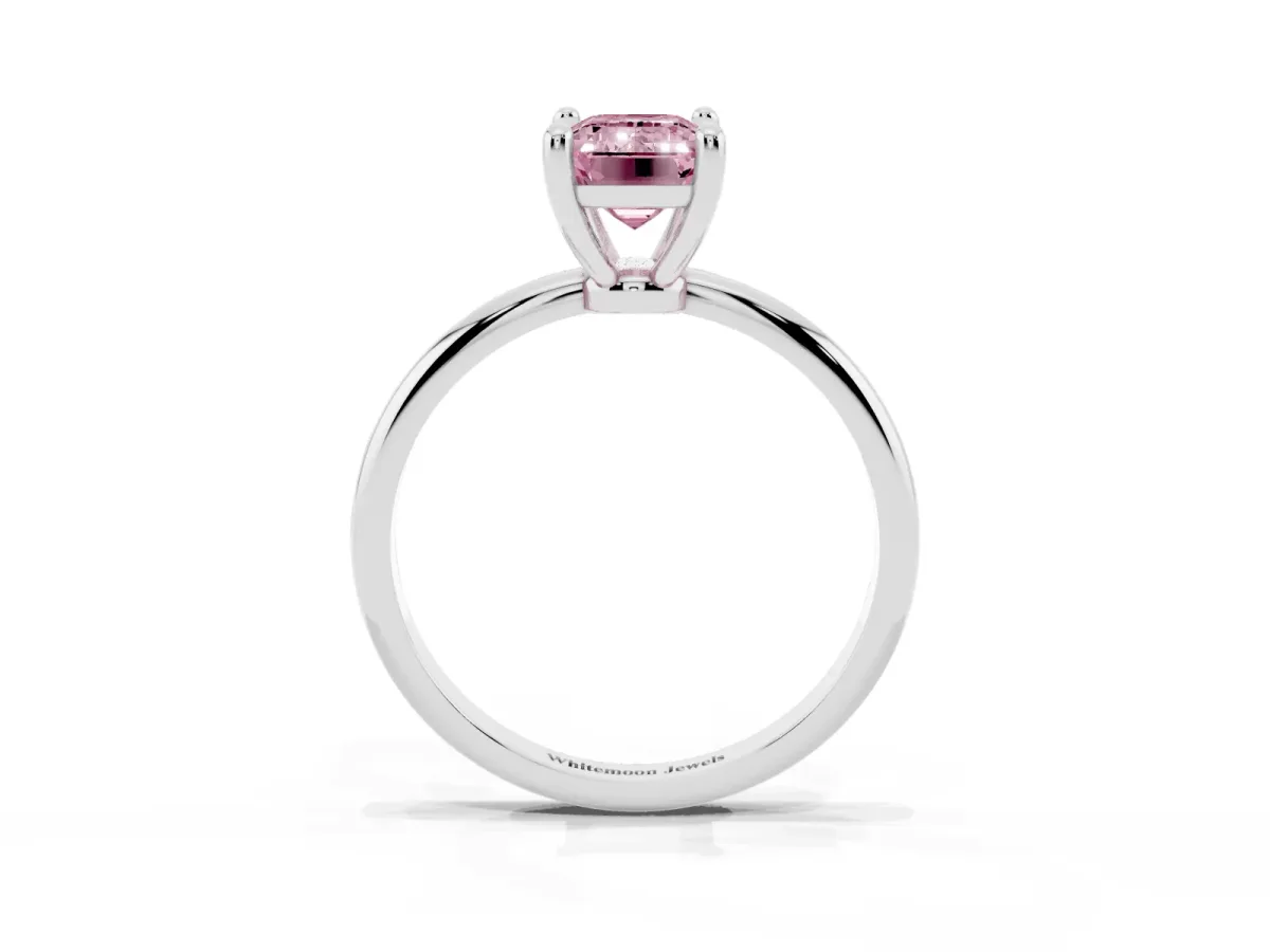 Fancy Pink Emerald Cut Solitaire Diamond Ring with 4-Prong Setting on a Classic Band Silver