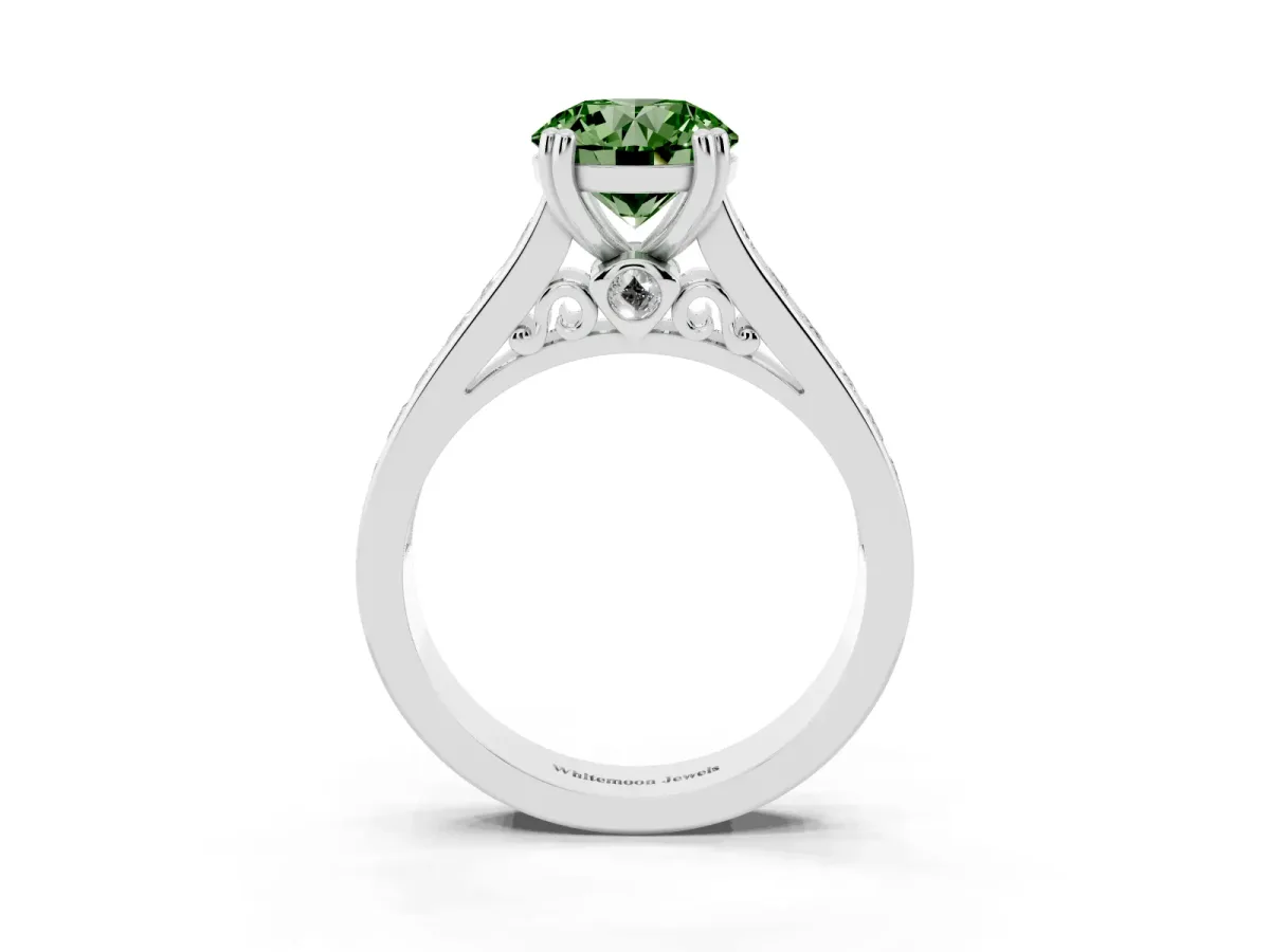 Fancy Green Round Cut Cut Channel Set Solitaire Engagement Ring with Prong Setting Platinum