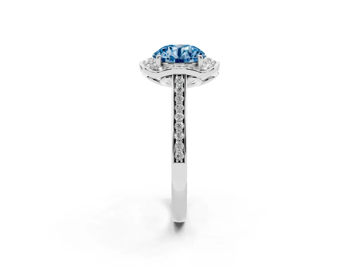 Fancy Blue Round Cut Halo Round Diamond Pave Band with Four-Prong Setting Silver