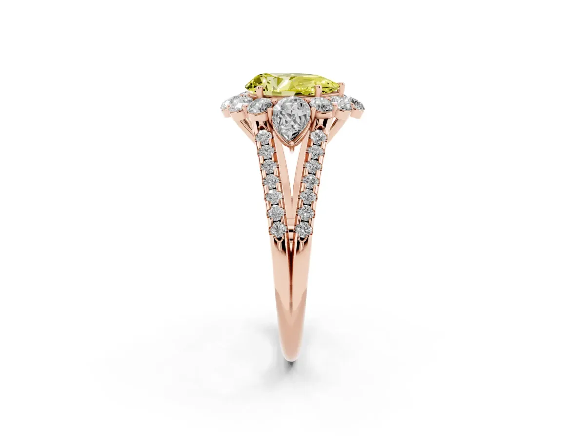 Fancy Yellow Pear Cut Halo Split Shank Diamond Engagement Ring with Prong Setting Rose gold