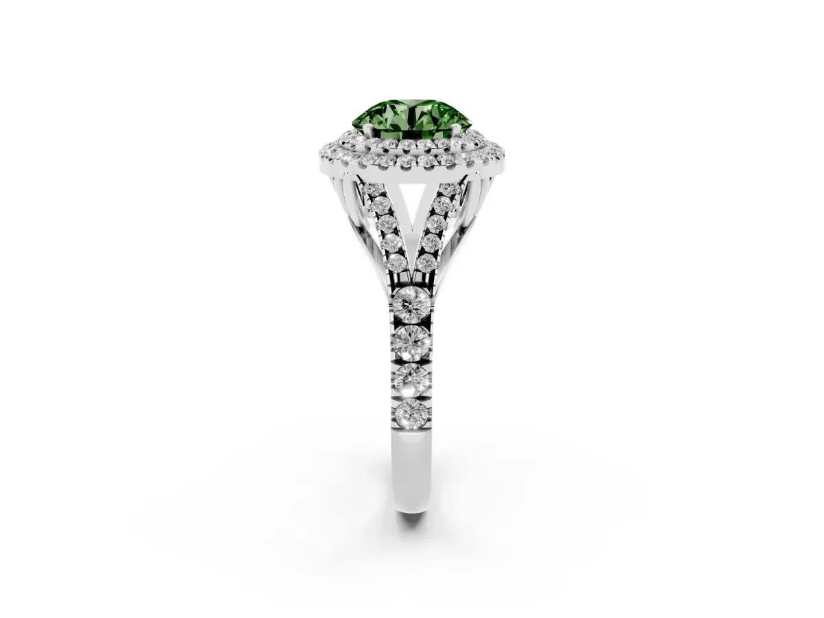 Fancy Green Double Halo Round Cut Diamond Split Shank Engagement Ring with Four-Prong Setting Platinum