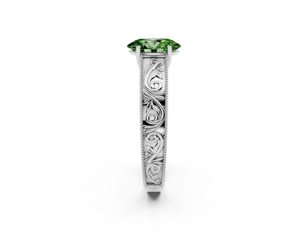 Fancy Green Oval Cut Diamond Solitaire Ring with Engraved Band and Four-Prong Setting Platinum
