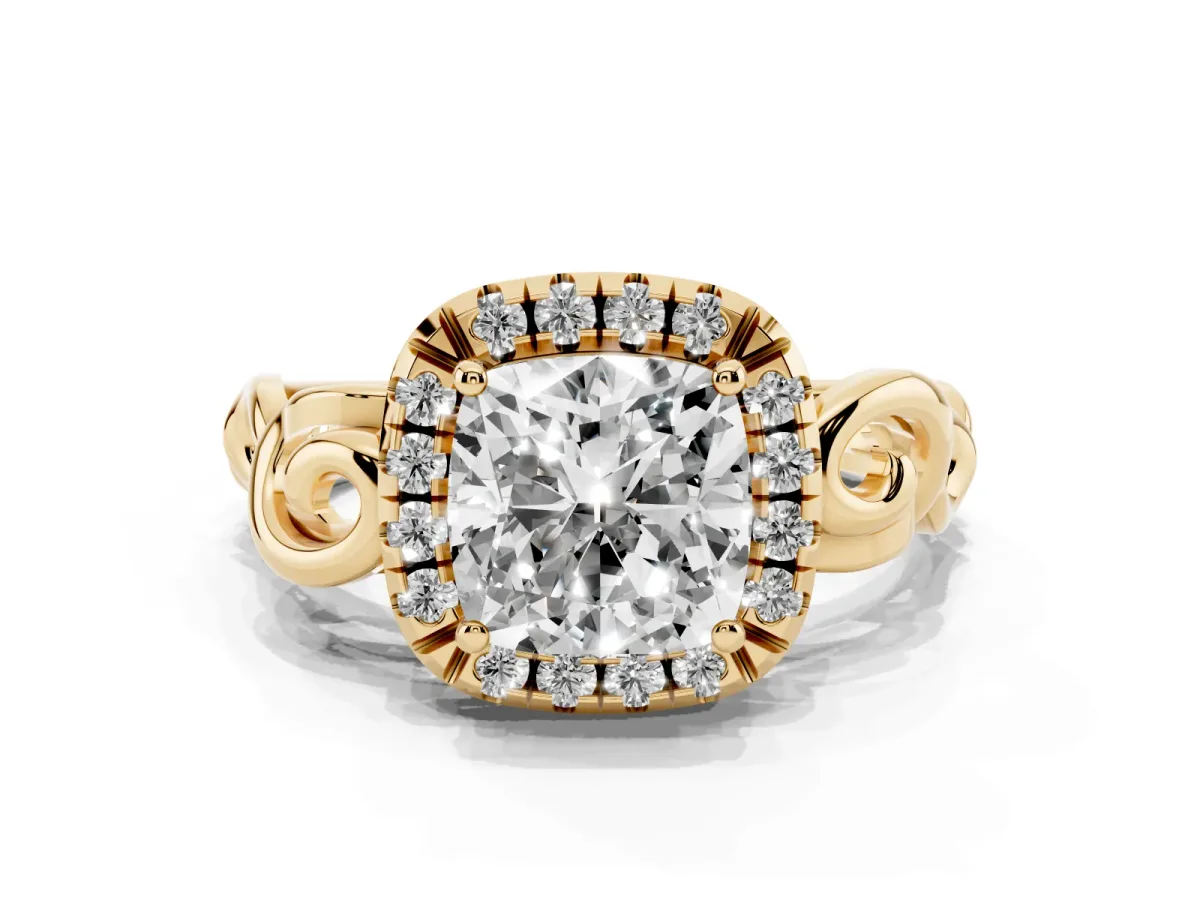 Cushion Cut Cut Halo Diamond Ring with Scrollwork Band and Four-Prong Setting Yellow gold