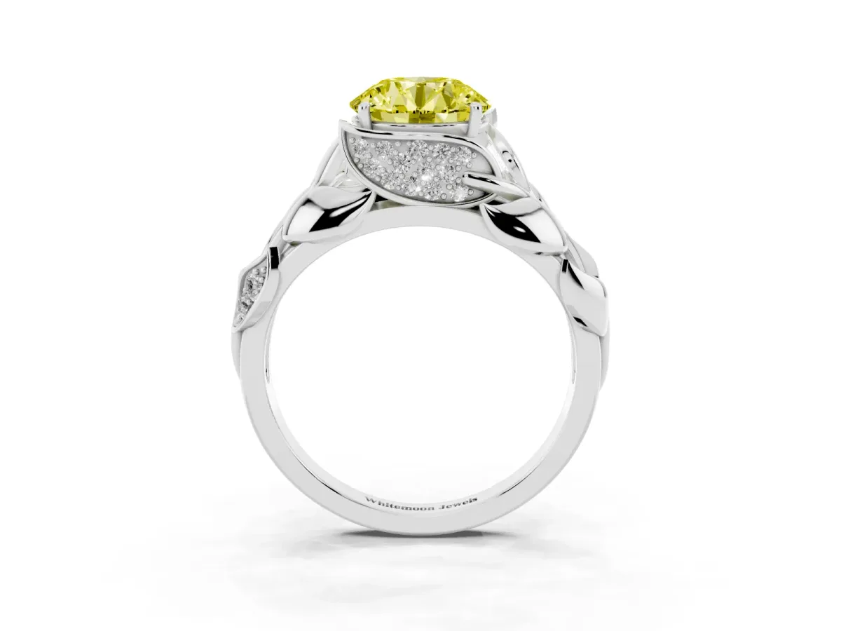 Fancy Yellow Round Cut Diamond Leaf-Inspired Engagement Ring with Round Accents and Prong Setting Platinum