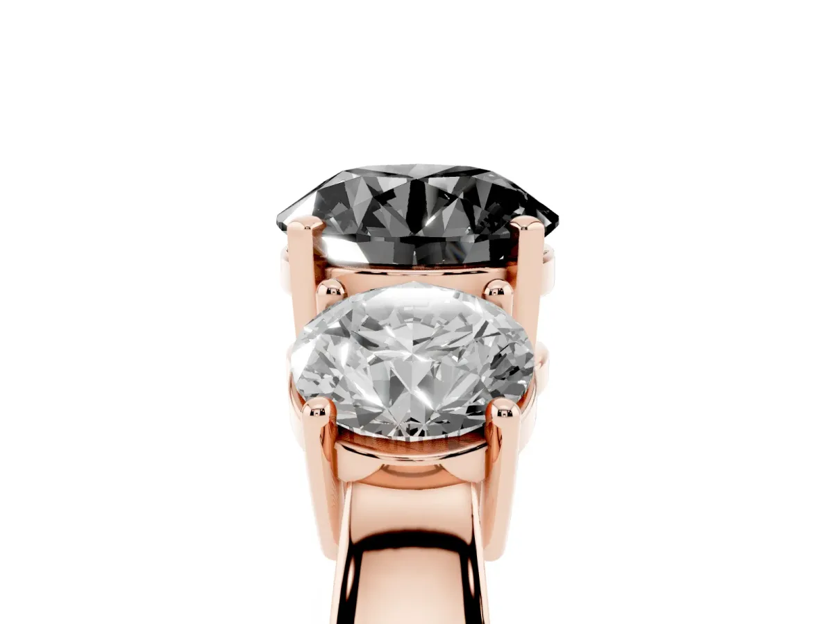 Fancy Black Three-Stone Round Cut Diamond Ring with Round Side Stones, Classic Band, and Four-Prong Setting Rose gold