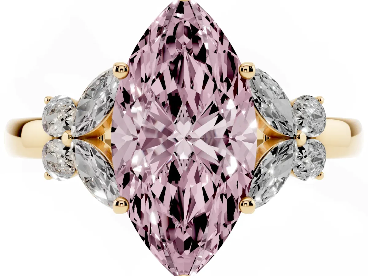 Fancy Pink Marquise Cut Cut Solitaire Floral Diamond Ring with Four-Prong Setting Yellow gold