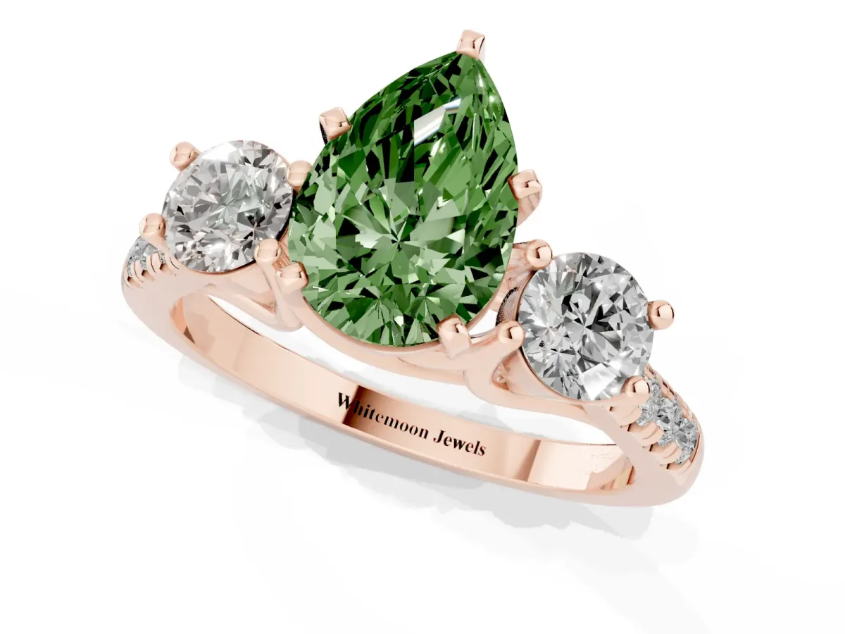 Fancy Green Three-Stone Pear Cut Diamond Pavé Band with Four-Prong Setting Rose gold