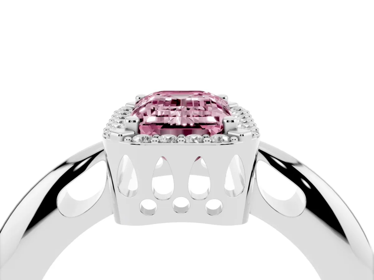 Fancy Pink Emerald Cut Cut Diamond Halo Engagement Ring with Split Shank and Four-Prong Setting Platinum