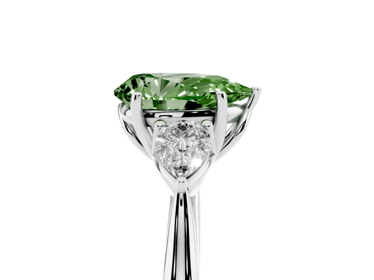 Fancy Green Pear Cut Diamond Three-Stone Ring with Pear Side Stones and Prong Setting Platinum