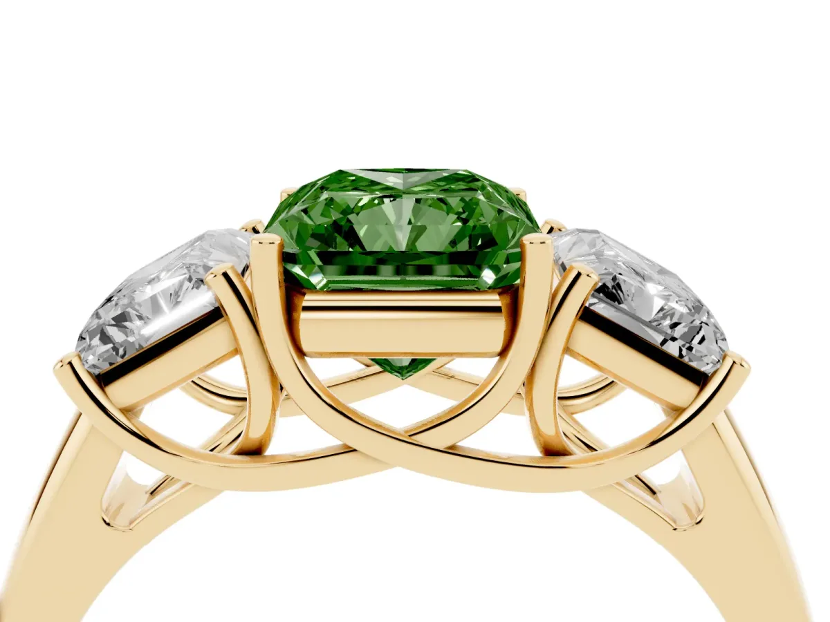 Fancy Green Three-Stone Radiant Cut Diamond Engagement Ring with Prong Setting Yellow gold
