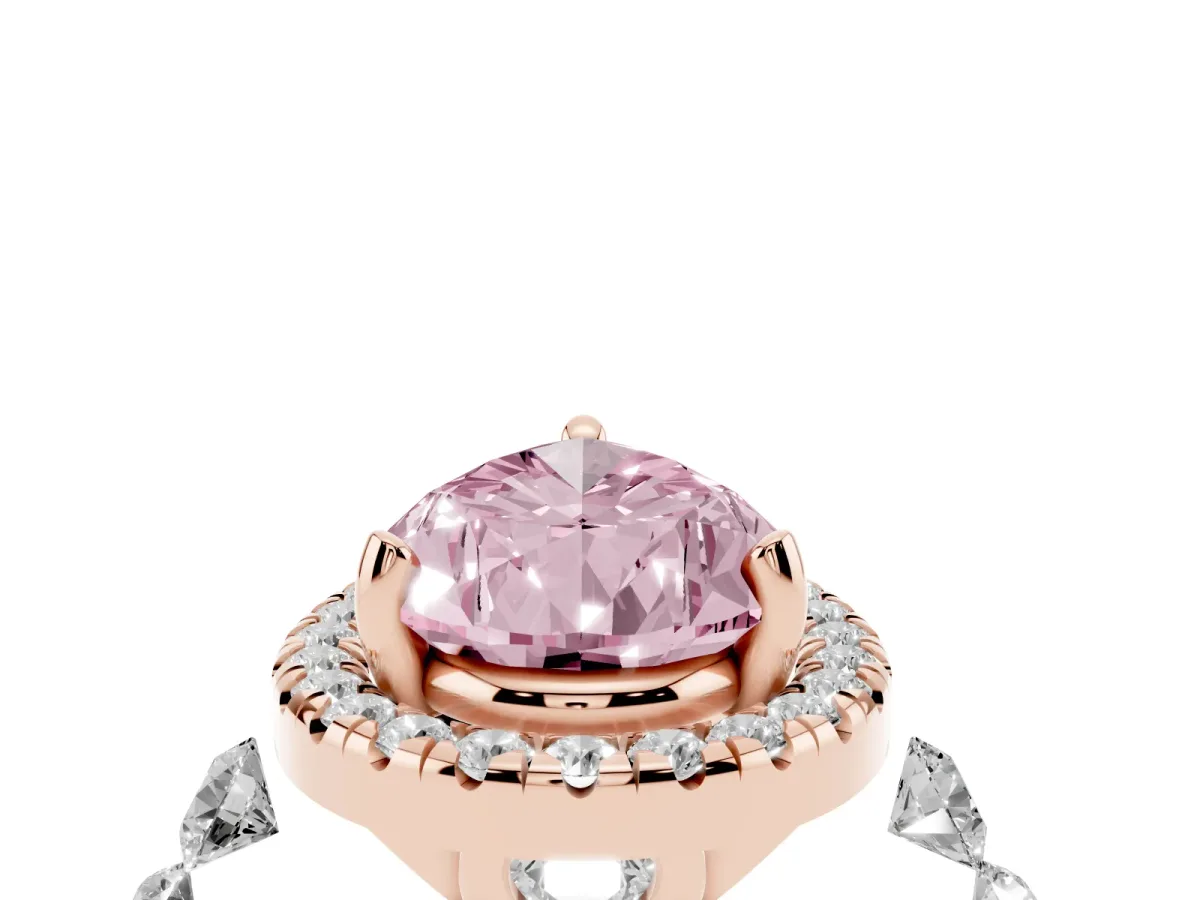 Fancy Pink Pear Cut Halo Pavé Diamond Engagement Ring with Four-Prong Setting Rose gold