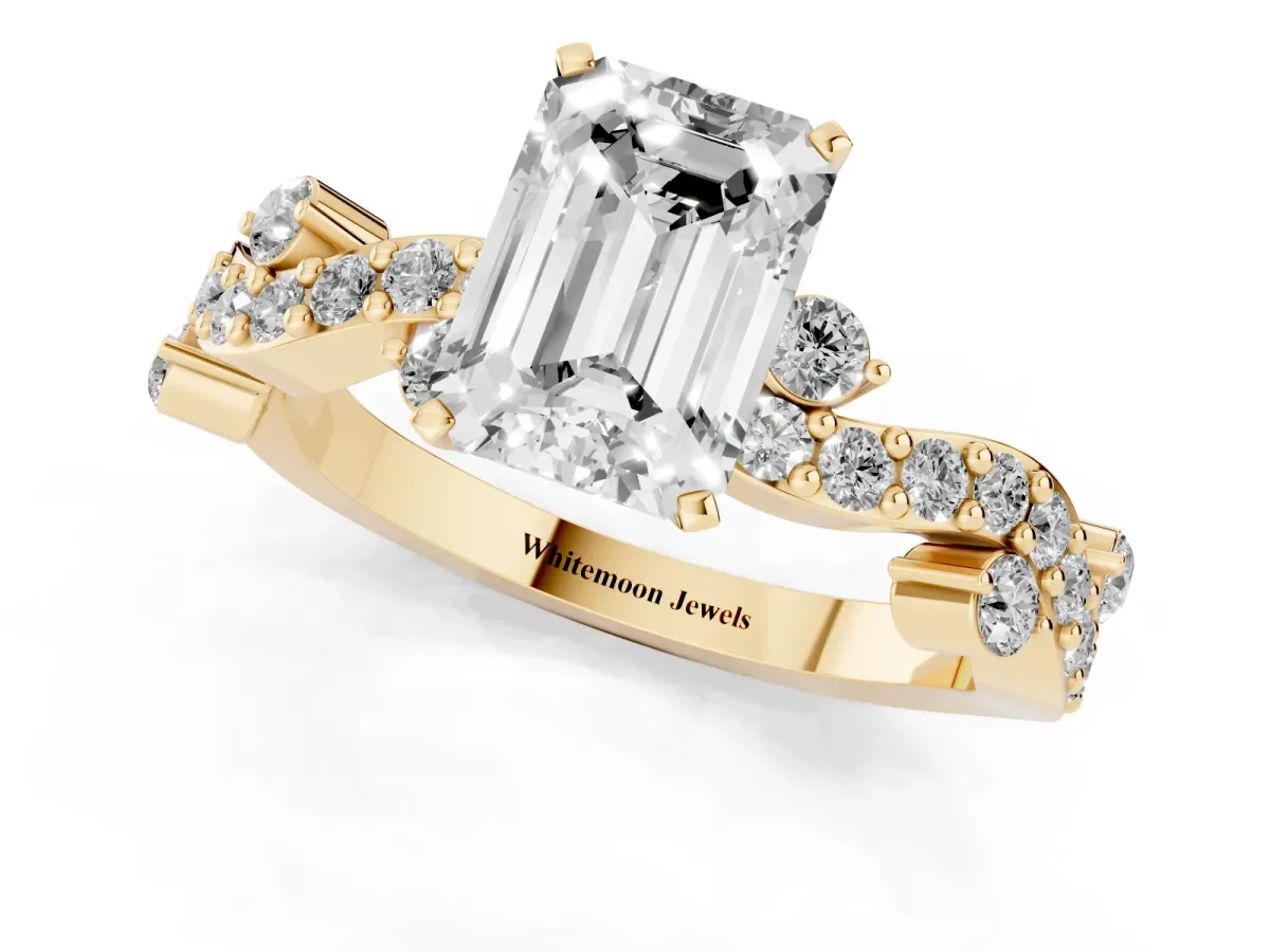 Emerald Cut Cut Solitaire Diamond Twisted Band with Pave Setting Yellow gold